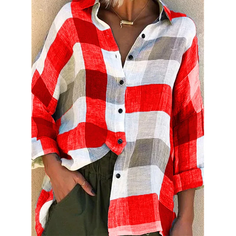

Autumn and winter new women's loose Plaid printed long sleeve shirt