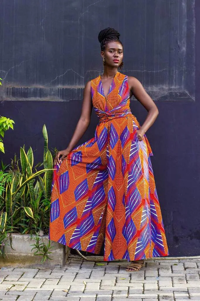 

Indie Folk Style Sexy Women Colorful Print Empire Waist Loose Long Jumpsuit Hot Sale Summer Femme V Neck Wide-leg Rompers