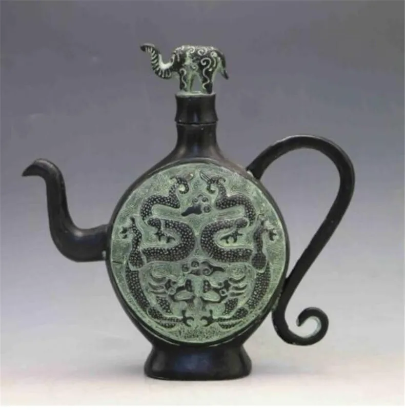 Медная статуя древняя китайская Бронзовая ручная резьба крышка слона чайник