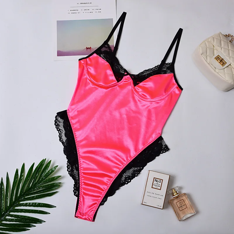 pink Криптографический кружевной лоскутный сатиновый костюм, сексуальный комбинезон с открытой спиной, облегающий женский топ, цельные модные Клубные вечерние облегающие боди - Цвет: pink