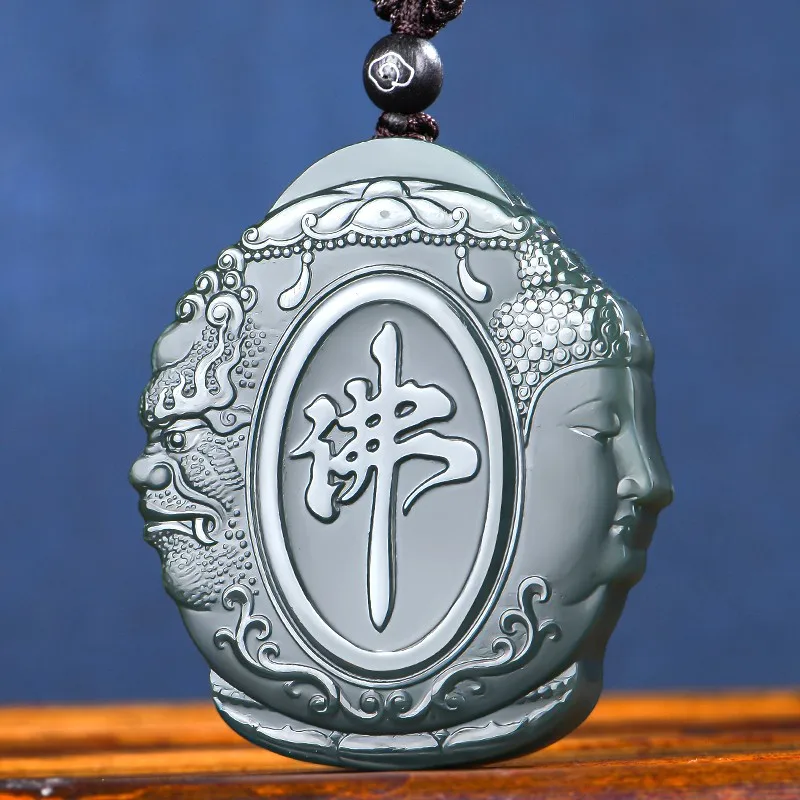 

Natural A hetian jade carving guan yin black green jade jade pendant unique design jadeite jade necklace men jewelry