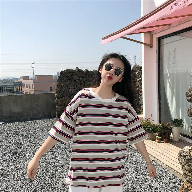 b Новинка, женская футболка, радужные полосатые топы, Harajuku, футболка,, летняя, короткий рукав, Корейская, панк, футболка, свободная, camiseta feminina - Цвет: b