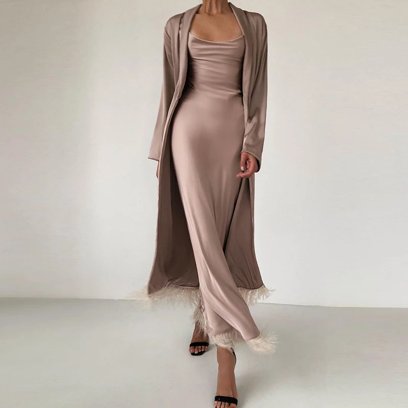 

Autumn Solid Sets Robe Ladies Elegant Satin Party Dress Suit Women Spring Sexy Off Shoulder Tassel Long Dress Cardigan Outfits