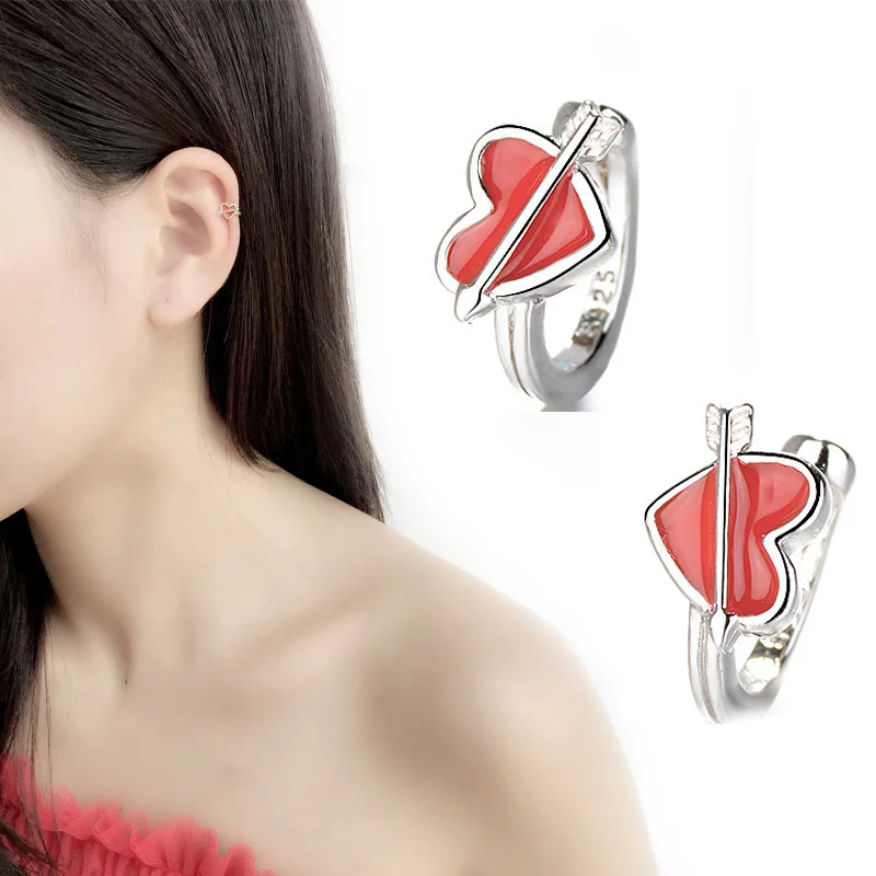 Женские серьги клипсы с красным сердцем и сердечком без ушей стрелка для
