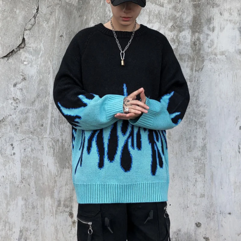 Y Demo Streetwear Gothic Flame Sweater Women Casual Oversized O Neck Long Sleeve Knitted Pullover Couple Outerwear Fashion | Женская