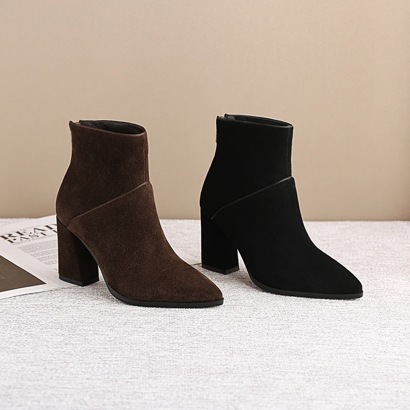 Women Ankle Boots Genuine Leather 22-25 cm Feet Length for Pointed Toe Side Zipper Winter Shoes | Обувь