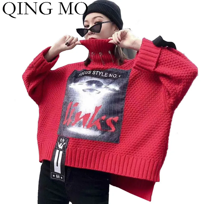 Фото Женский свитер с воротником под горло QING MO черный красный свободный принтом зима