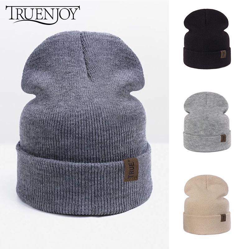 TRUENJOY, повседневные зимние шапочки, шапка для мужчин и женщин, Модная вязаная зимняя шапка, одноцветная, хип-хоп, Skullies, шапка, капот, унисекс, с надписью True
