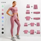 Бесшовный Женский комплект для йоги, тренировочная спортивная одежда, одежда для тренажерного зала, укороченный топ с длинным рукавом, леггинсы с высокой талией, короткие костюмы
