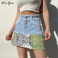weiyao y2k patchwork mini skirts women casual a line jeans short skirts 90s aesthetic print denim skirt fashion korean summer