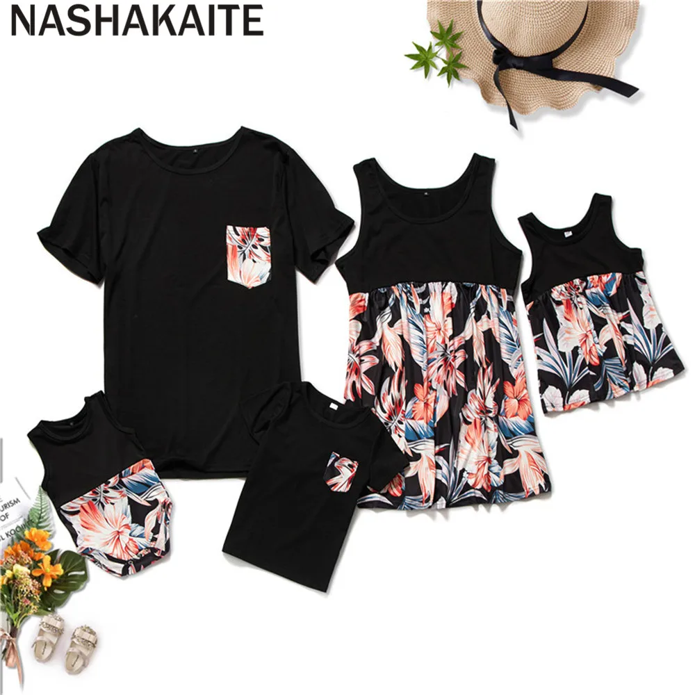 

NASHAKAITE Summer Family Look Matching T-shirt Patchwork Printed Top For Mom Daughter Dad Son Baby Romper Mommy and me clothes