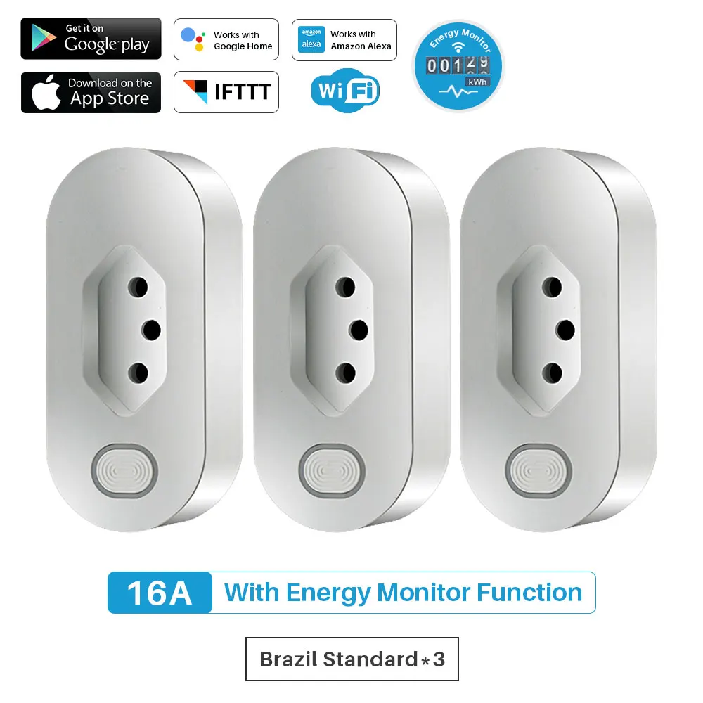 WiFi Smart Plug бразильский стандарт 16A интеллектуальная розетка синхронизации с монитором энергии управление приложением работает с Alexa Google Assistant - Цвет: 3 Pcs