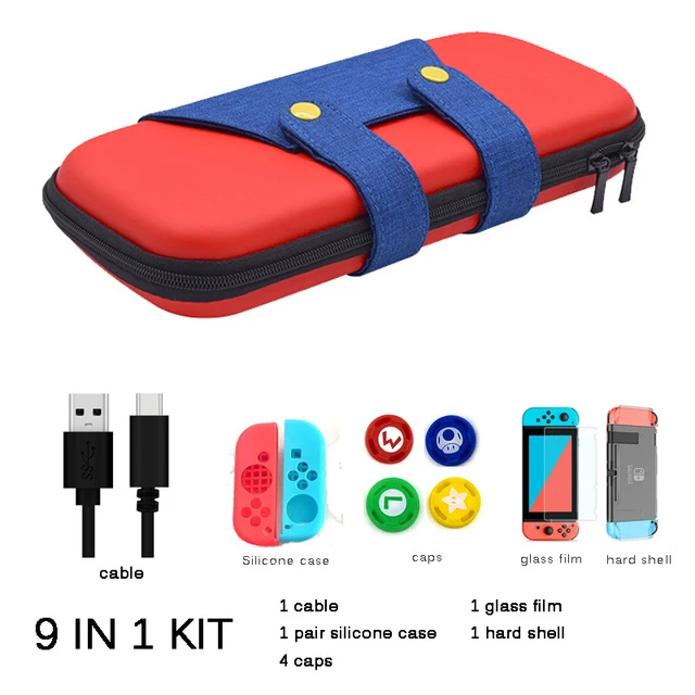 9 in 1 red 5 в 1 сумка для хранения игровой консоли для kingd Switch NS чехол для nintendo Switch+ жесткий корпус+ пленка из закаленного стекла+ 2 крышки - Цвет: 9 in 1 red