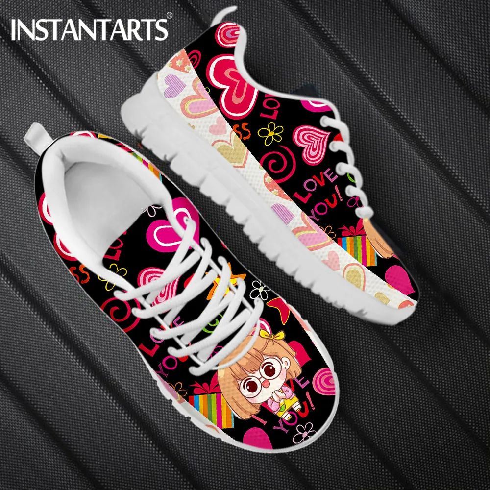 

INSTANTARTS Cartoon Girls Flat Shoes for Women Lovely Girls Cartoon Pattern Ladies Sneakers Breathable Lace up Footwear Zapatos