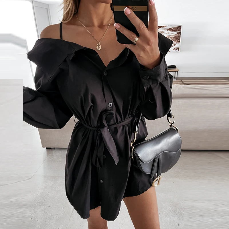 

Spring Summer Belted Women Party Dress Sexy Single Breasted Button Office Lady Shirt Dress Elegant Off Shoulder Strap Mini Dress
