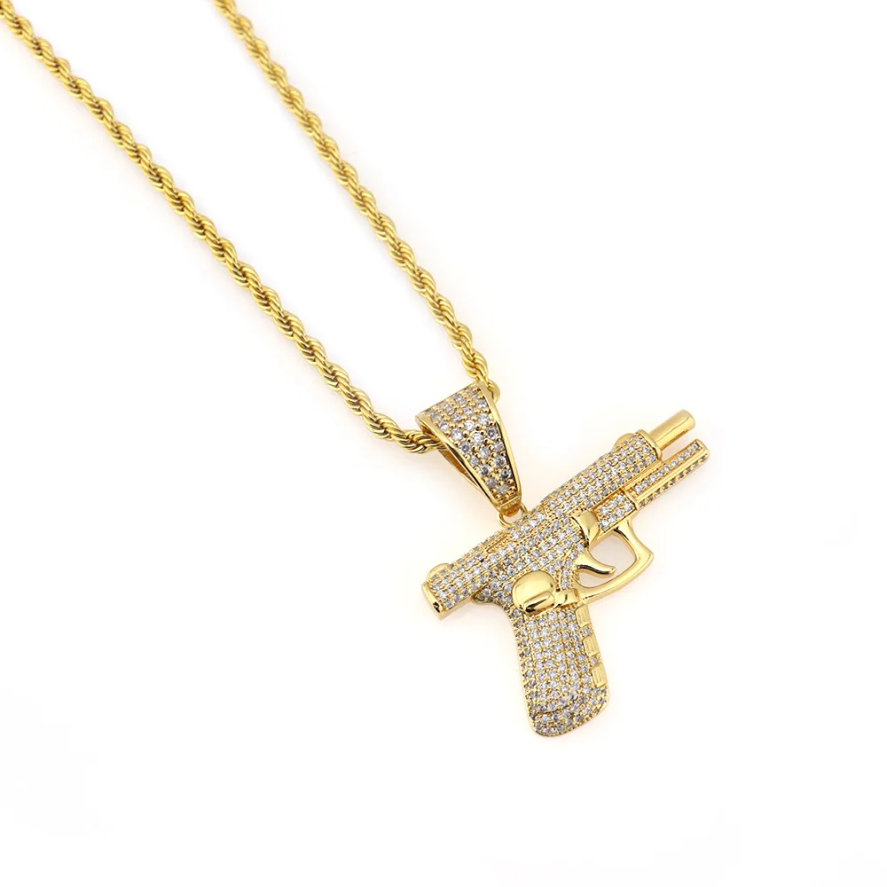 

Hip-hop Rapper's Stainless Steel Chain Necklace In The Shape of A Golden Pistol with Zircon Pendant Men Fashion Jewelry Gift