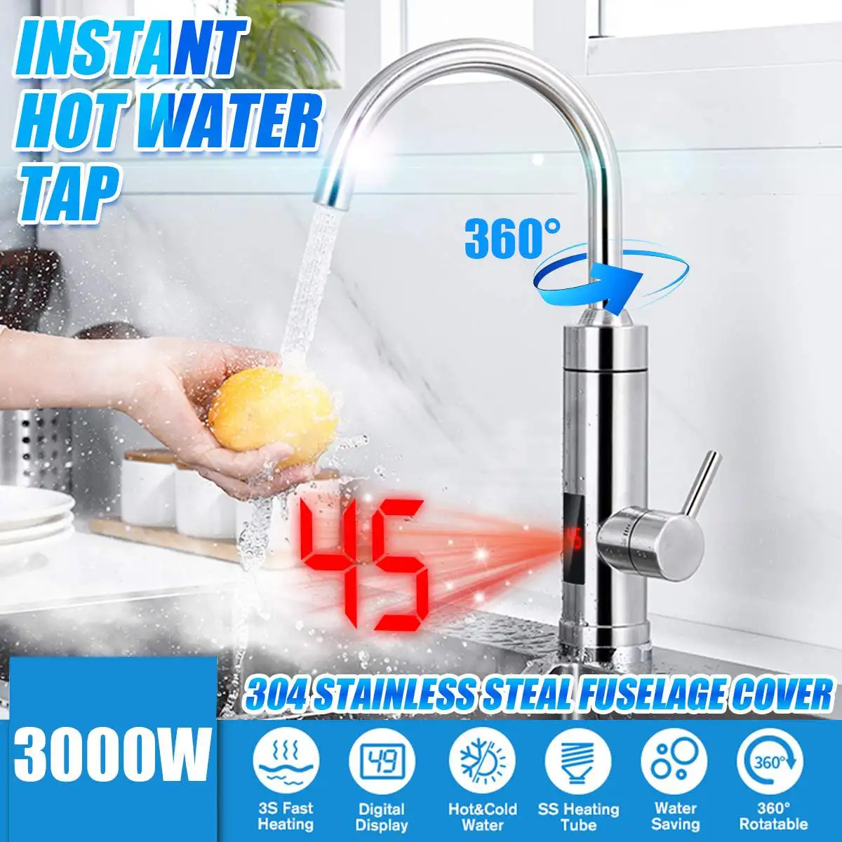 220V 3000W Instant Electric Water Heater Faucet Heaters Hot Water Tap 304 Stainless Steel Shell for Kitchen Bathroom Heating