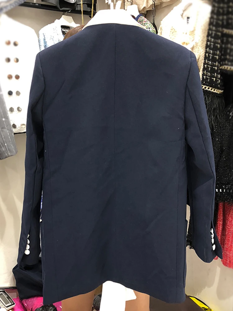 

Free Shipping Contrasting Color Lapel Lace Double Breasted Blazer Ladies Fall New Style Personality Fashion All-match Top