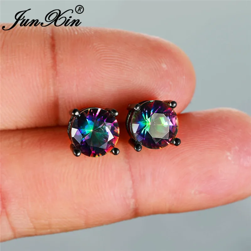 Серьги-гвоздики унисекс круглые 8 мм с разноцветными фианитами | Украшения и