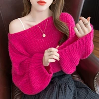sweater round neck 2021 autumn new long sleeve loose commuter hollowed out off shoulder pullover sweater knitted casual 4i