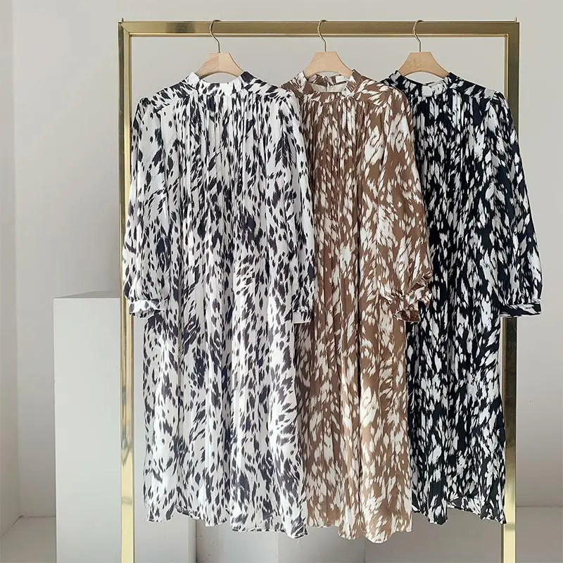 

Folds Long Lantern Sleeve Women's Evening Dress O-Neck Lace Up Loose Lady Dresses 2021 Summer Party Korean Elegant Female Robe