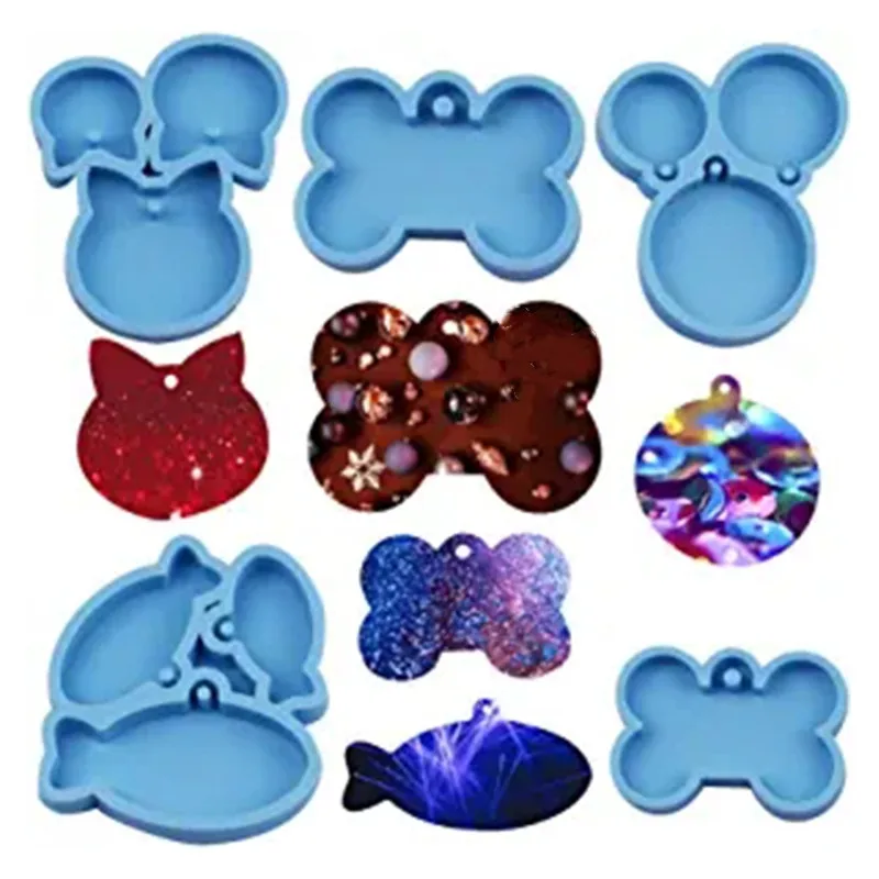 

5Pcs/Set DIY Dog Tag Epoxy Resin Mold Circle Cats Dogs Bone Keychain Pendant Silicone Mould Handmade Craft Jewelry Casting Tool