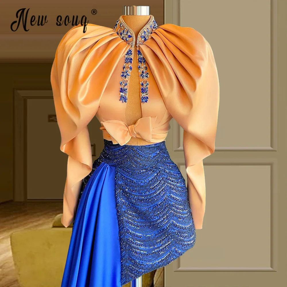 

Элегантные Короткие вечерние платья из двух предметов, рубашка с длинными пышными рукавами и кристаллами, платье для выпускного вечера, ярк...