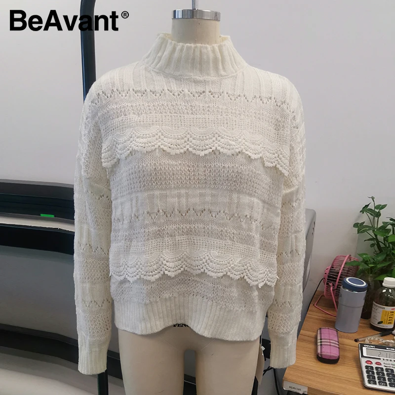 

Beavent knitted hollow out sweater women Drop-shoulder sleeve pullover Loose high-necked white sweater autumn winter 2020