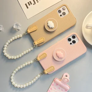 Women Fashion Cute Cloud Bracket Portable Pearl Hand Chain Leather Case Cover For Iphone 12 Mini 11 Pro XS Max XR X 8 7 Plus SE