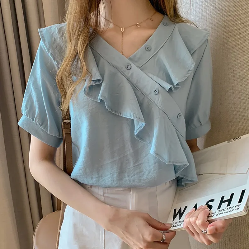 

Women Summer V neck Shirts Short Sleeve Casual Loose Blouse Top Ladies Work Casual Clothes Solid Color