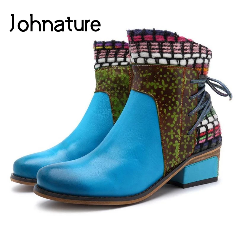 Johnature/ботильоны из натуральной кожи на молнии в стиле ретро с круглым носком