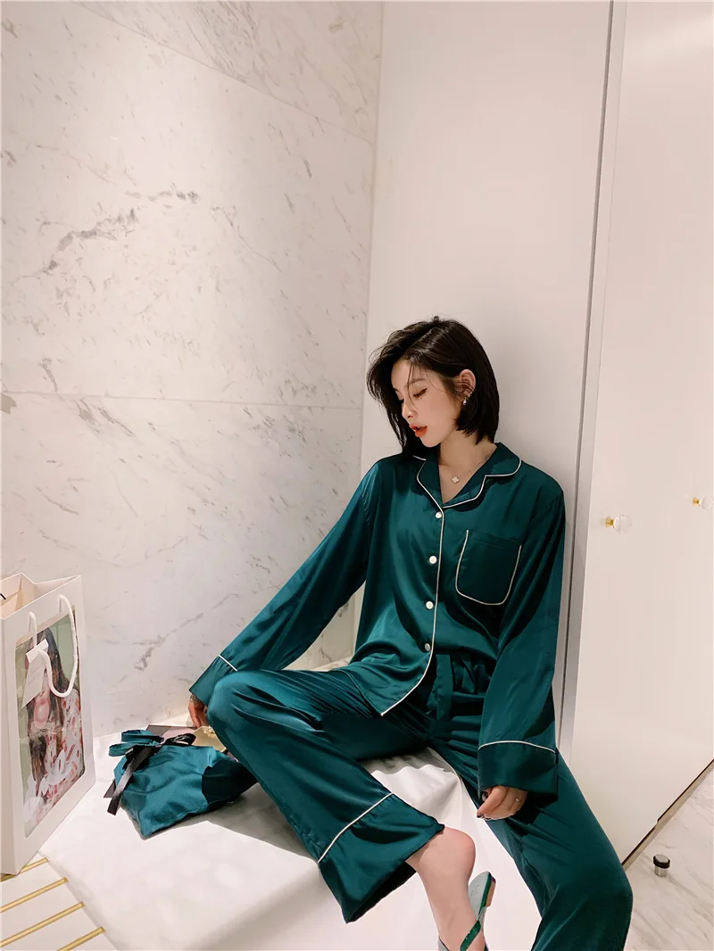 

Pajama Suit Satin Silk Pajamas Sets Home Wear 3pcs Solid Color Pocket Suit Daily Wear Casual Home Clothing