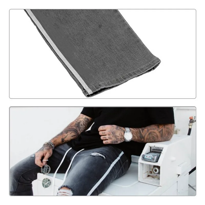 

2021 NEW Men Skinny Jeans Biker Destroyed Frayed Fit Denim Ripped Side Stripe Pencil Pants Hip Hop Streetwear Jeans S-3XL
