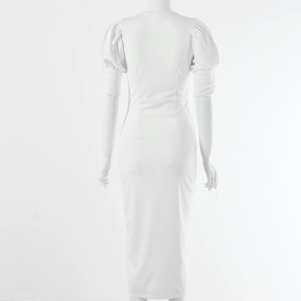 

BacklakeGirls Spring Summer New Long Dress Women Solid Color Deep V Neck Elegant Puff Short Sleeve Button Up Low Slit Dress