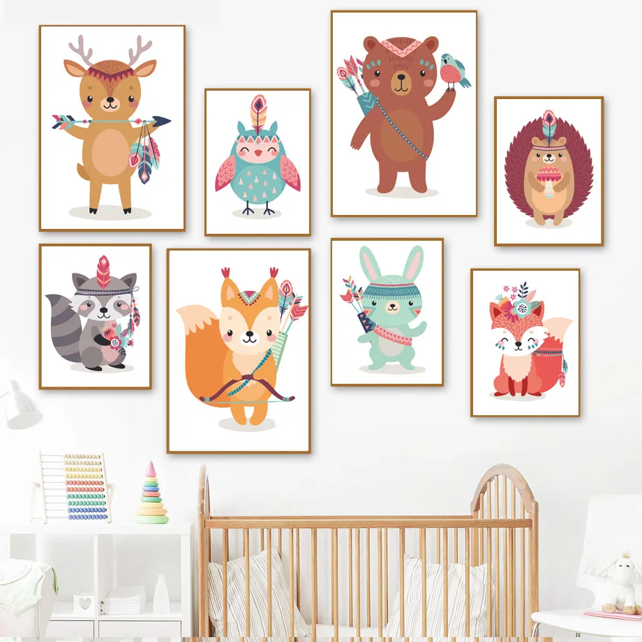 Настенная живопись на холсте индийские животные лиса Сова кролик олень Детские