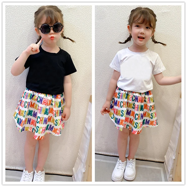 

New summer fashion casual kids girls clothes pure cotton short-sleeved cartoon letter T-shirt and skirt 2-10 years