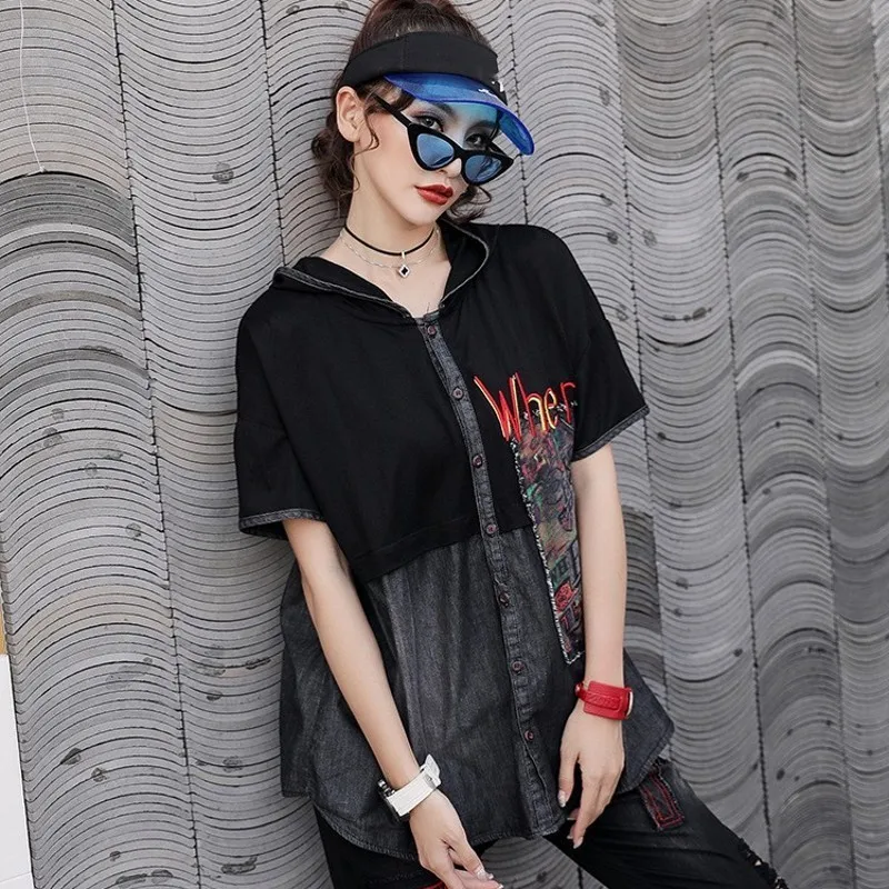

Summer New Casual Short Sleeve Single Breasted Hooded Womens Shirts Denim Patchwork Patchs Print Loose Oversize Tops Streetwear