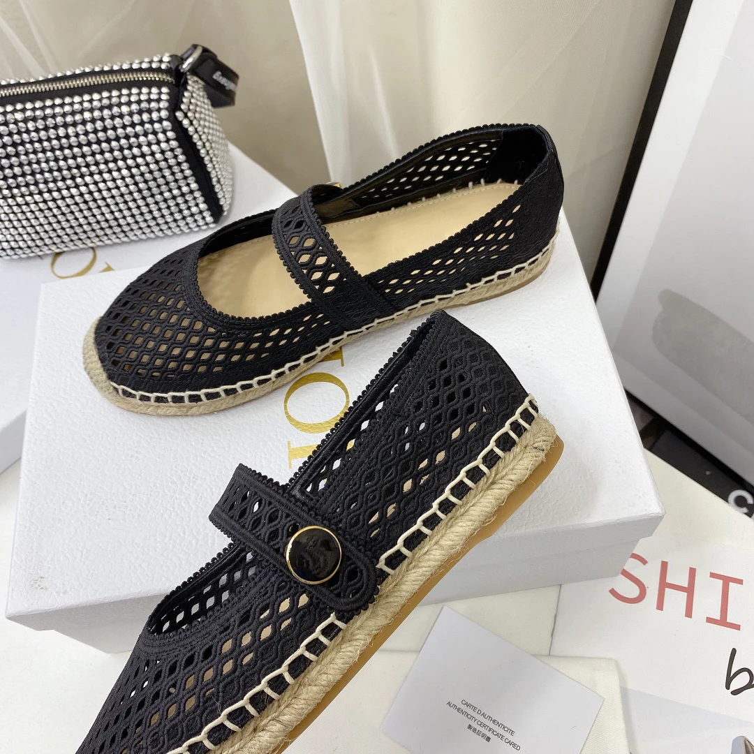 

Elegant Relaxed Mary Jane Shoes Breathable Mesh Granville Espadrilles Embroidered Cotton Flat Rubber Sole Rope Wedge Espadrille
