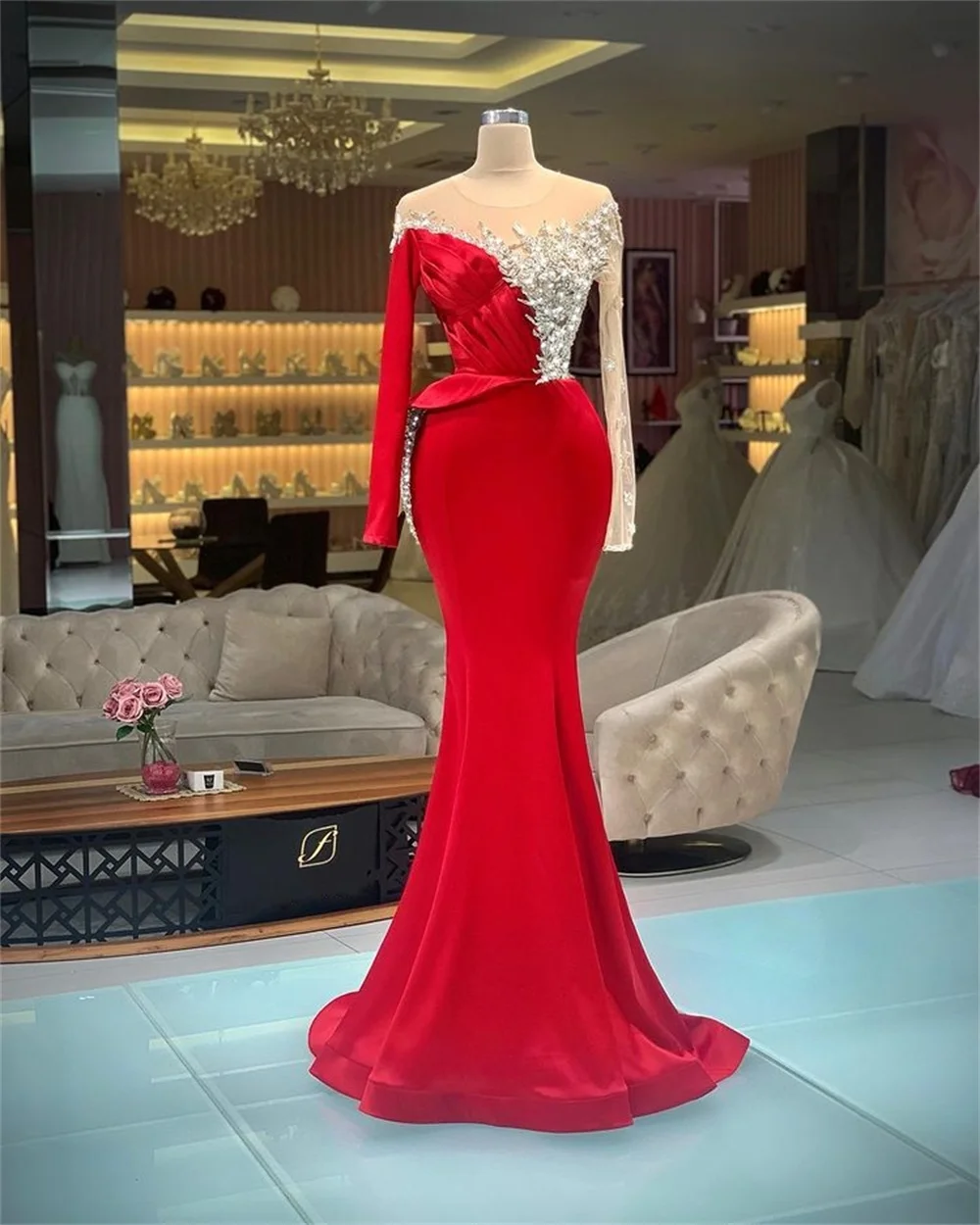 

Crystal Red Satin Evening Dresses Luxury O Neck Lace Beads Long Sleeve Party Dress Mermaid Pageant Gowns