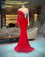 crystal red satin evening dresses luxury o neck lace beads long sleeve party dress mermaid pageant gowns