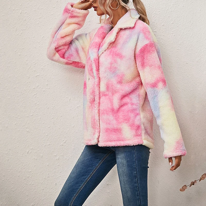 

Women'S Fashion Tie Dye Printed Double Side Plush Long Sleeve Jacket