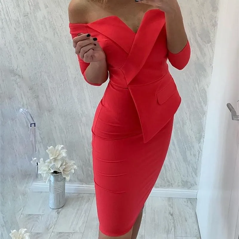 Женское платье-блейзер с открытыми плечами элегантное офисное платье длинным