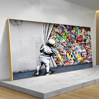 graffiti art childen behind the curtain canvas paintings figure posters street banksy cuadros wall art pictures home decor