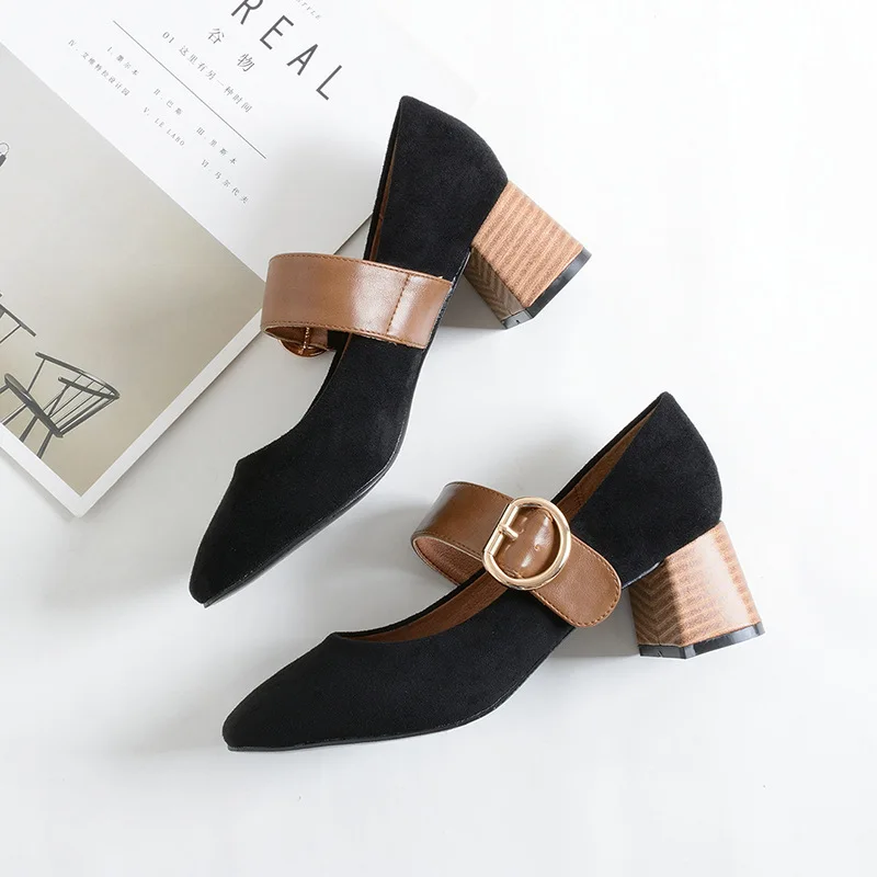 

Women Pumps Mary Jane Square Head Shallow Mouth High Heels Suede Party Deduction Thick With Women Shoes