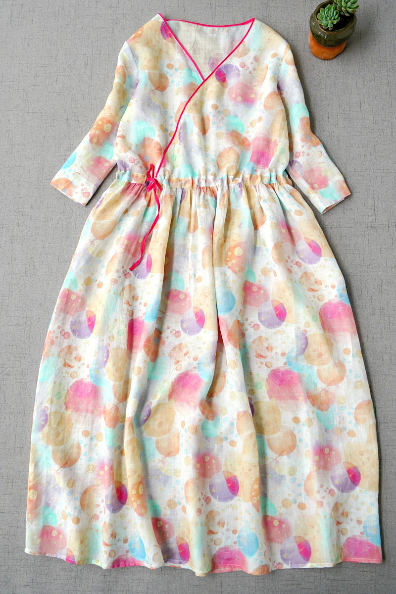 

Spring Summer Women Loose Vintage Chinese Style Print Drawstring Comfortable Water Washed Thin Ramie Pullover Dresses