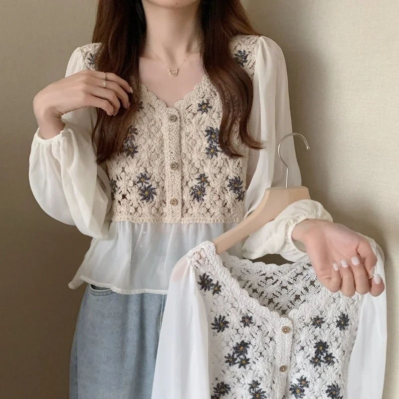 

French Crocheted V-neck Long Sleeve Shirt Women's Autumn and Winter 2021 New Korean Style Wear
