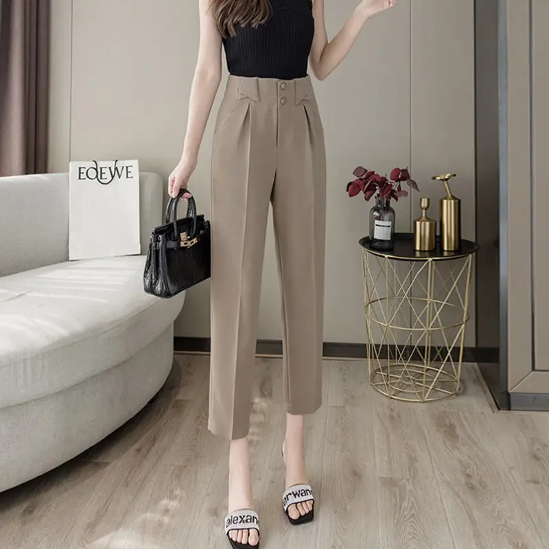 

2021 Women Spring Elegant OL Suit Pants Lady Chic Pockets Solid High Waist Straight Trouser Female Causal Button Harem Pant E989