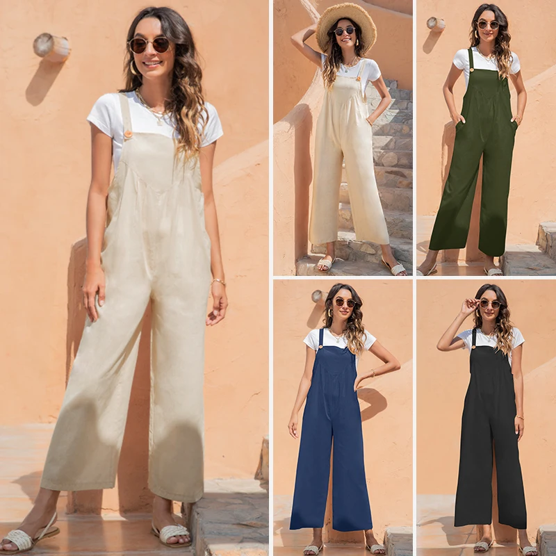 

2021 summer European and American women's clothing new retro casual suspender wide-leg trousers