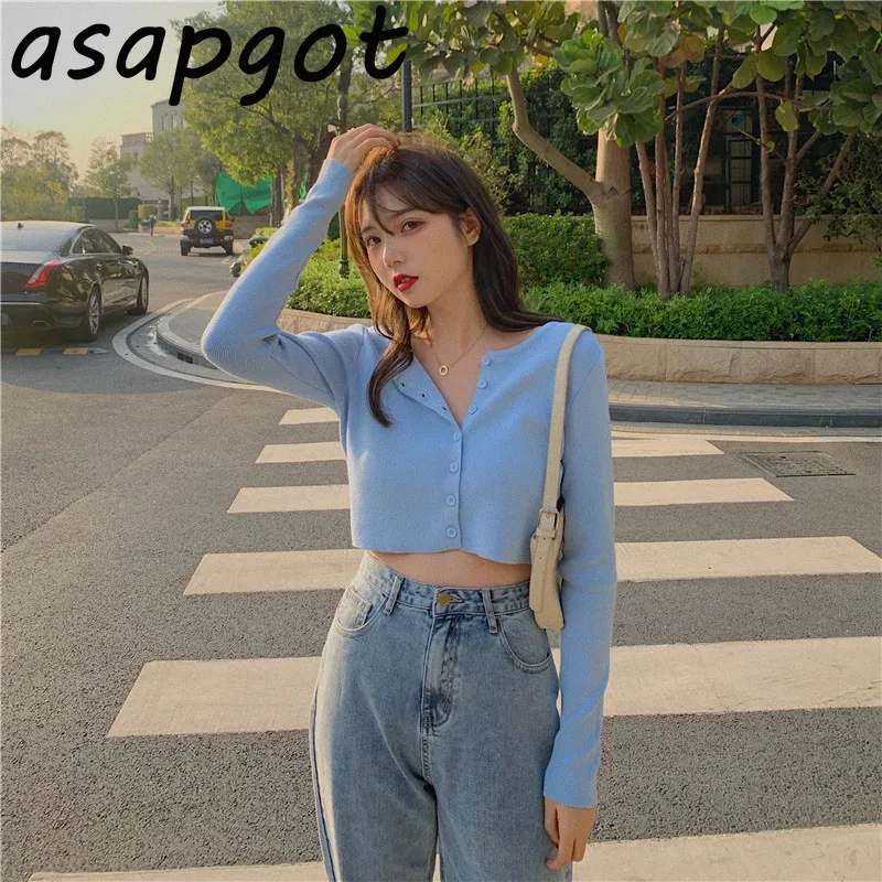 Candy Color Ribbed Knitted Cardigan Women Autumn Winter Long Sleeve Basic Cropped Sweaters Female Casual Short Jumper Top |