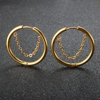 2pc set stainless steel small hoop earrings for women gold circle thick ear ring piercing tassel with chain earrings jewelry